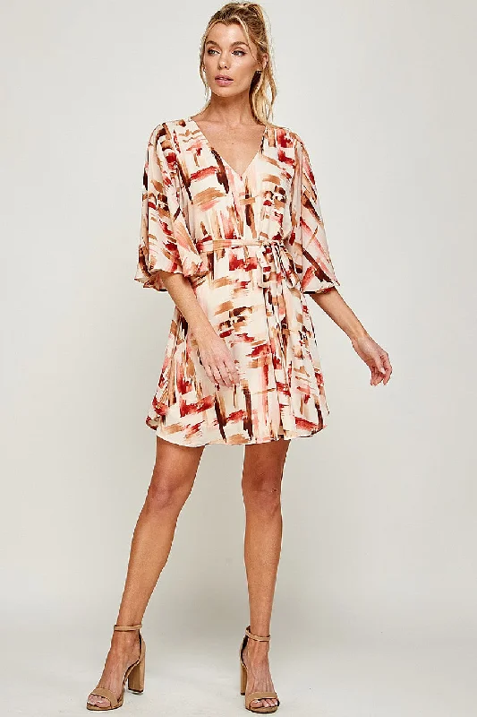 Short V Neck Brushed Print Belt Dress