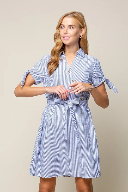 Short Sleeve Tie Stripe Shirt Dress