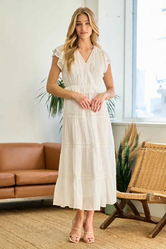 Lace Trim Surplice Neck Tiered Maxi Dress