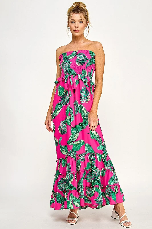 Long Strapless Floral Tiered Maxi Dress