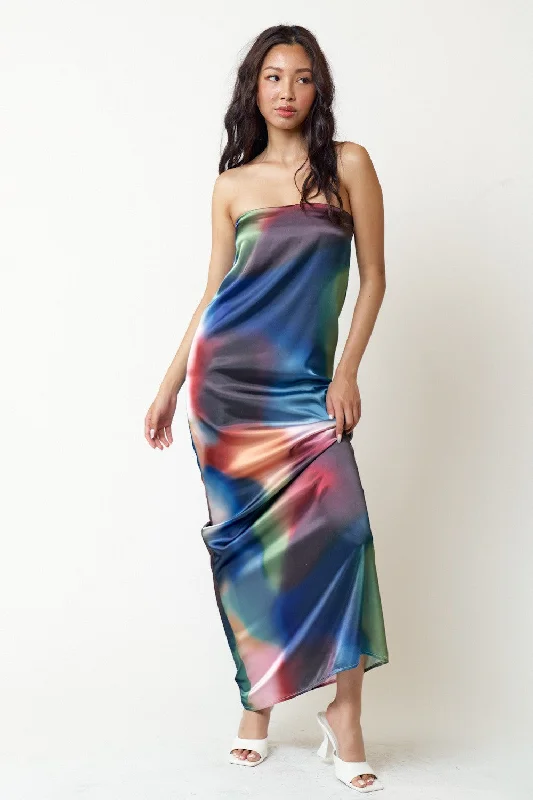 Long Strapless Multicolor Print Maxi Dress