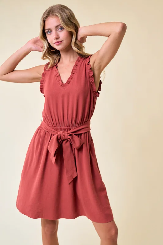 Short Sleeveless V Neck Tie Front Dress