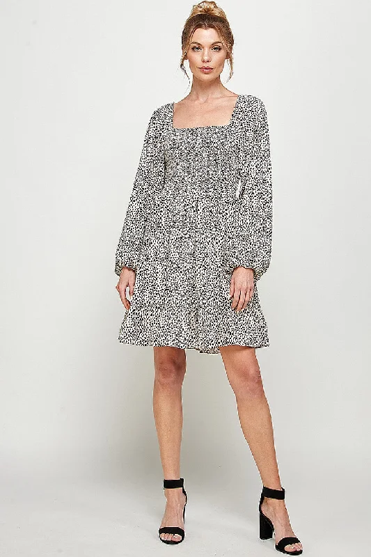 Long Sleeve Cheetah Print Smocked Short Dress