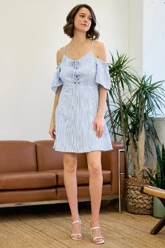 Short Off Shoulder Lace Up Striped Dress