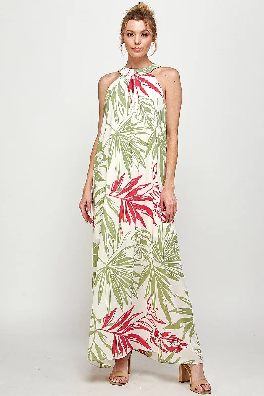 Long Tropical Print Halter Maxi Dress