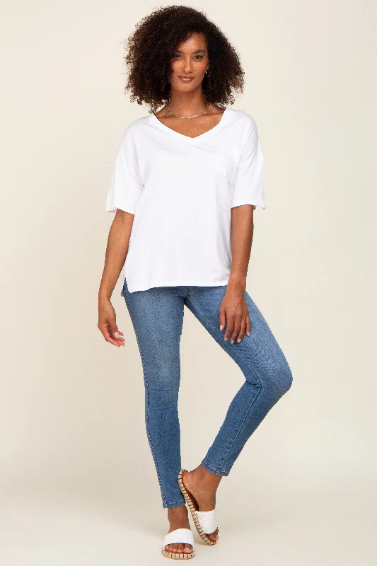 White Pocketed V-Neck Top