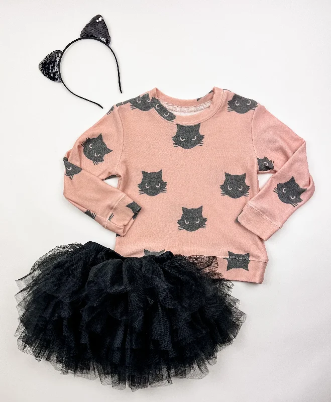 Black Cat Sweatshirt in Peachy Pink