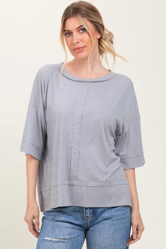 Light Grey Ribbed Boxy Fit Short Sleeve Top