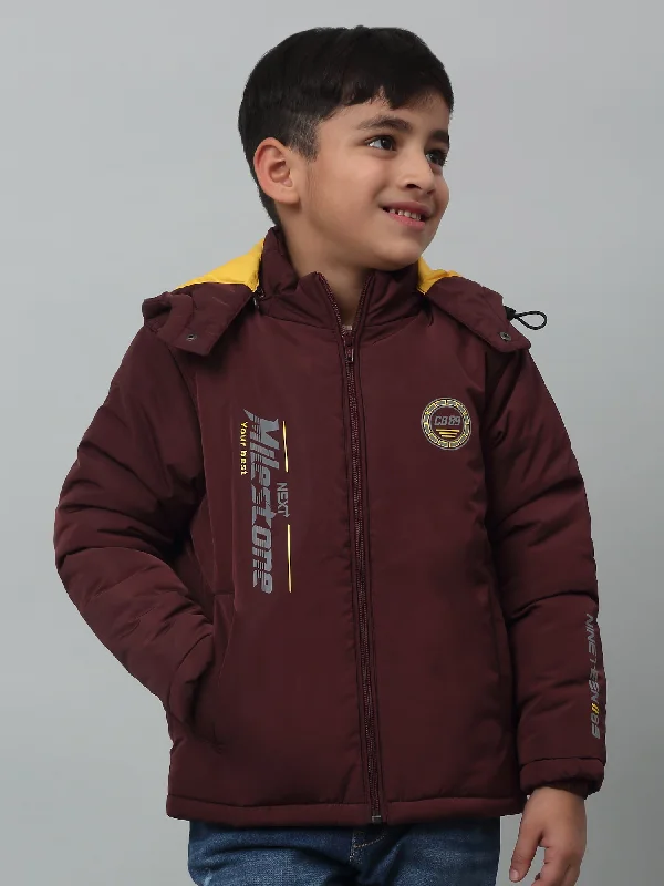 Boys Maroon Hooded Neck Solid Casual Jacket For Winter