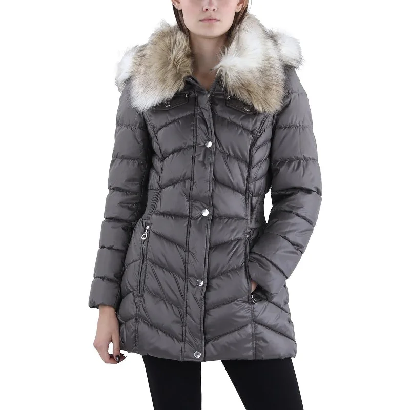 Laundry by Design Womens Petites Faux Fur Trim Hooded Puffer Jacket