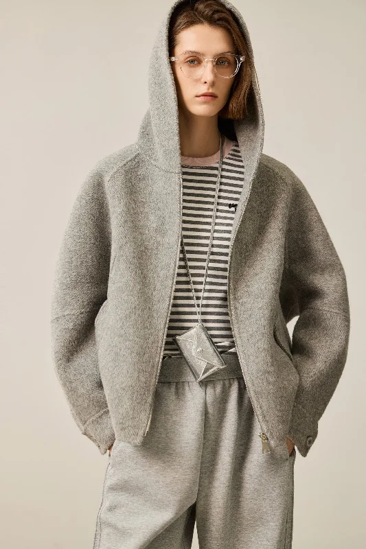 LILY Grey Zipper Hooded Casual Wool Jacket