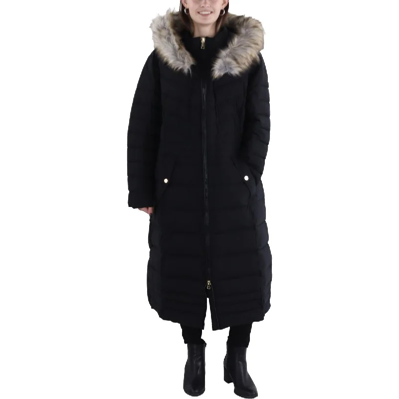 Plus Womens Faux Fur Trim Hooded Long Coat