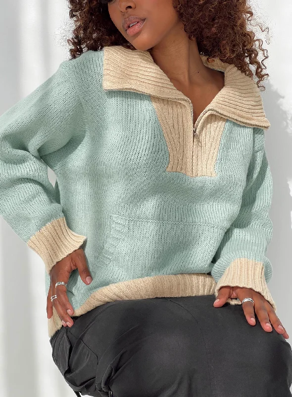 Leelie Quarter Zip Sweater Mint / Beige