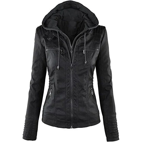 Lock and Love Women's Removable Hooded Faux Leather Jacket