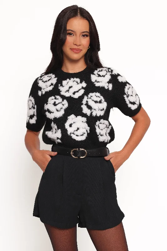 Lumara Texture Flower Short Sleeve Sweater - Black