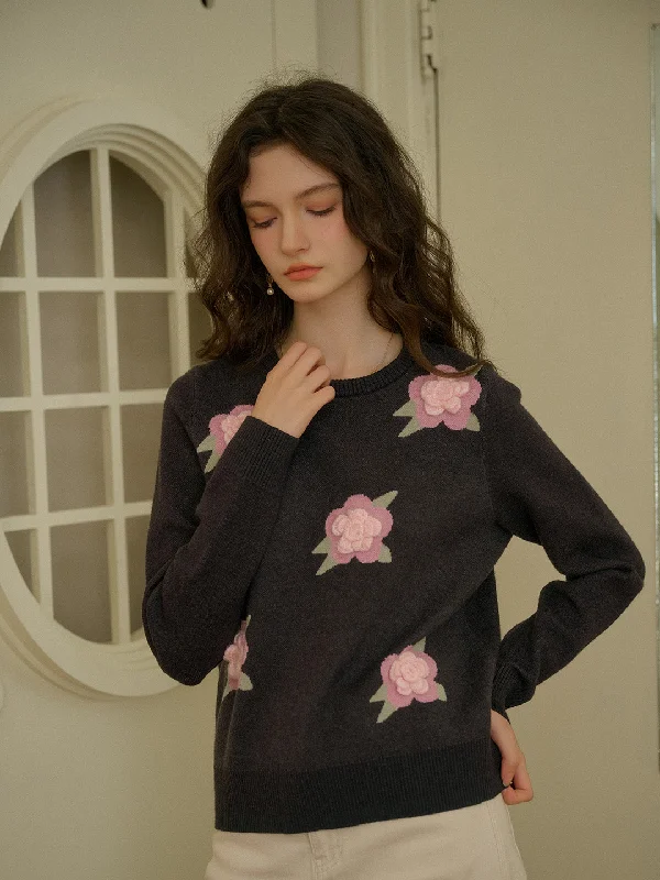 【Black Friday】Sarahi Embroidery Round Neck Hollow 3D Flower Knitted Wool Sweater