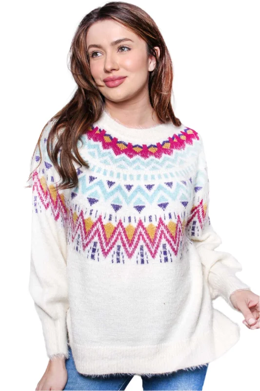 Women's Long Sleeves Crew Neck Print Knitted Sweater