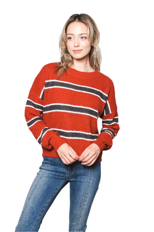 Women's Multi-Stripped Round Neck Long Sleeve Colorblock Low-Gauge Sweater