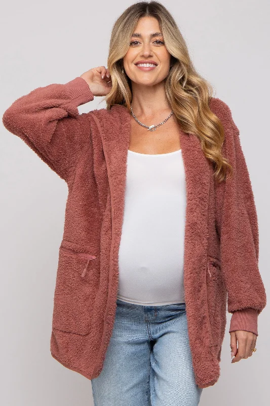 Mauve Fuzzy Knit Hooded Maternity Jacket