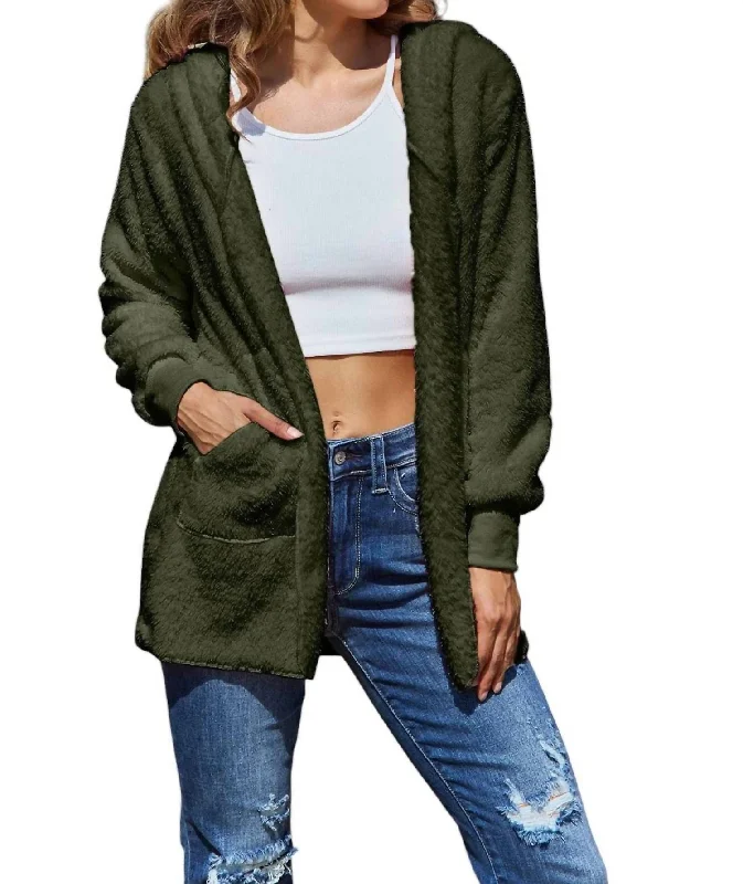 Full Size Teddy Hooded Jacket With Pockets In Army Green