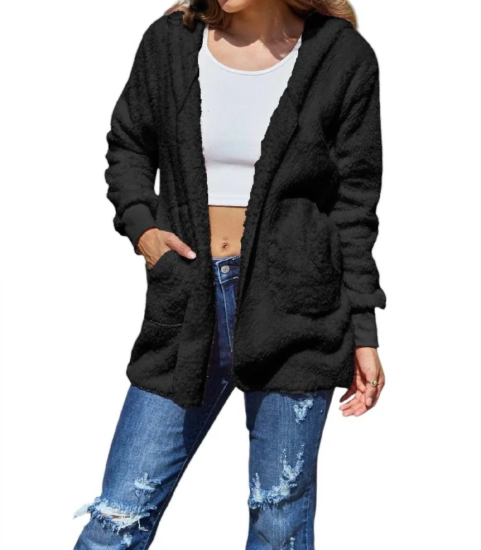 Full Size Teddy Hooded Jacket With Pockets In Black