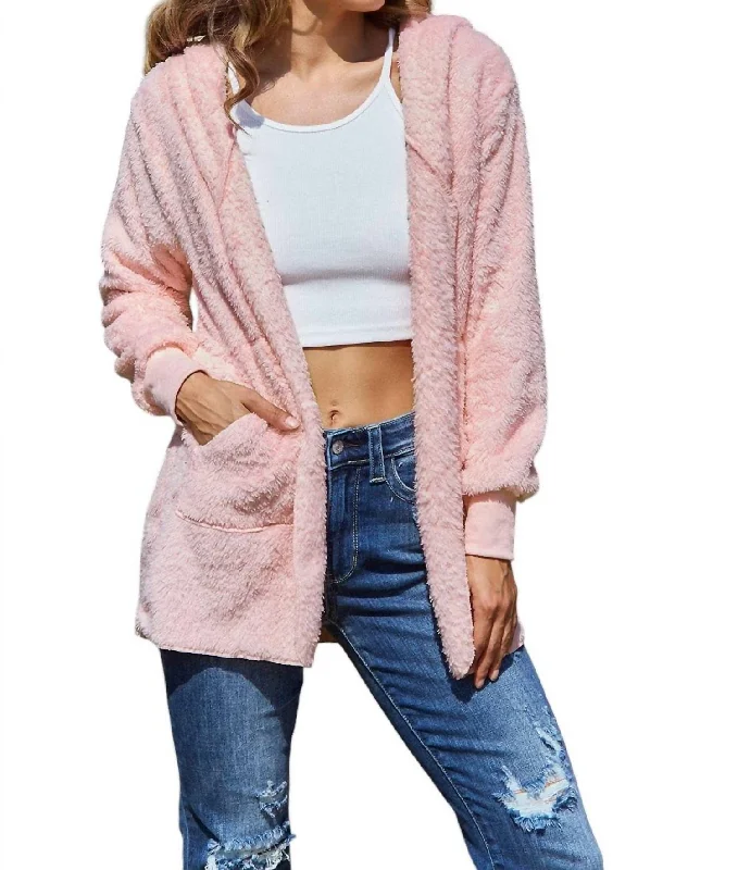 Full Size Teddy Hooded Jacket With Pockets In Blush Pink