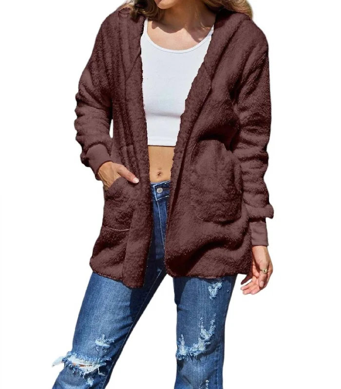 Full Size Teddy Hooded Jacket With Pockets In Brown