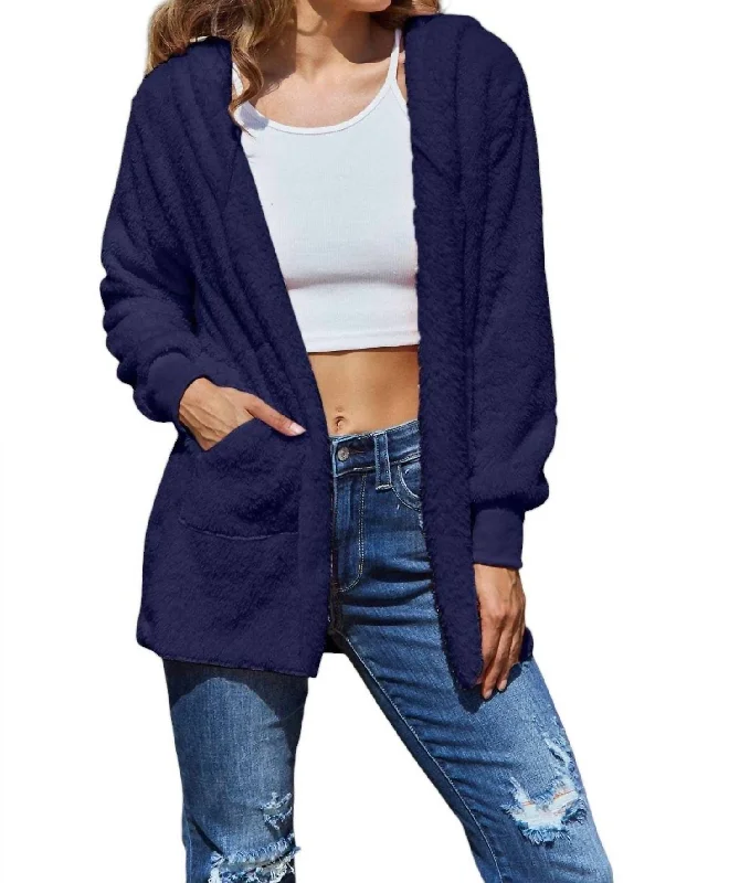 Full Size Teddy Hooded Jacket With Pockets In Dark Blue