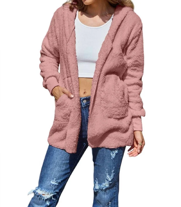 Full Size Teddy Hooded Jacket With Pockets In Dusty Pink