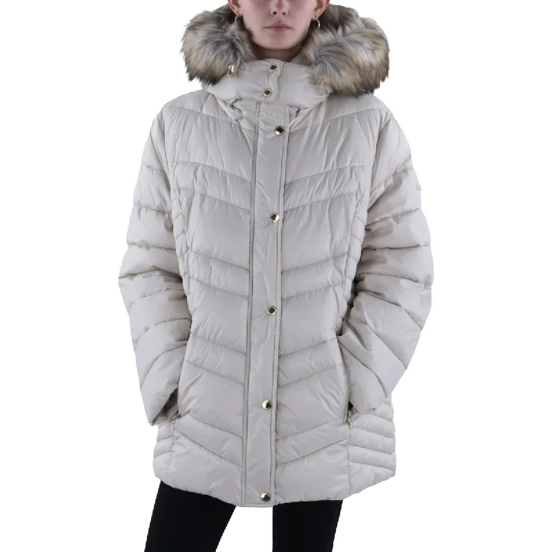 Womens Faux Fur Trim Hooded Puffer Jacket