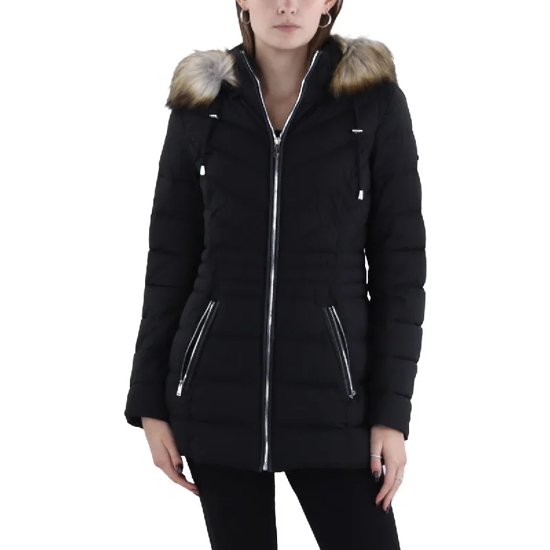 Womens Faux Fur Trim Hooded Puffer Jacket