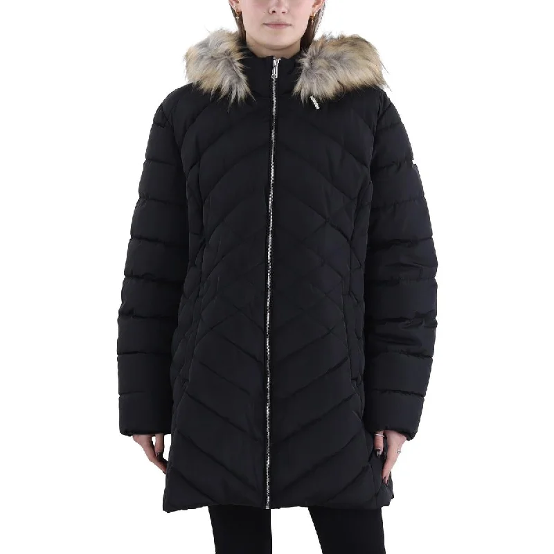 Womens Faux Fur Trim Hooded Puffer Jacket