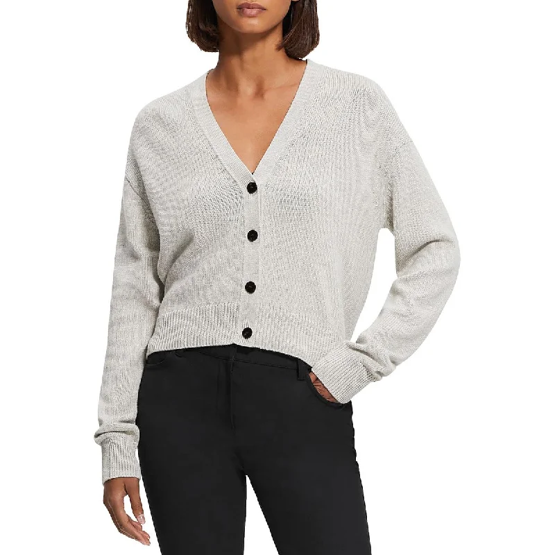 Womens Ribbed Trim  Cotton Cardigan Sweater