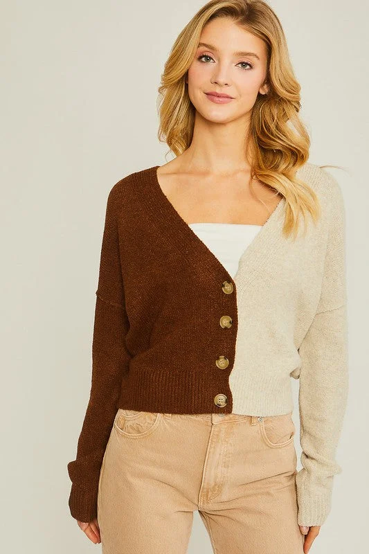 Brown Color Block Sweater Cardigan