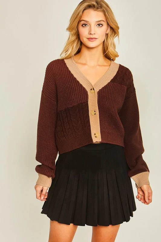 Dark Brown Color Block Sweater Cardigan