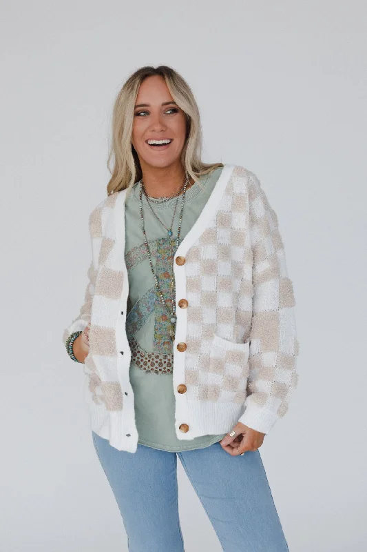 Checkmate Cardigan - Taupe Multi