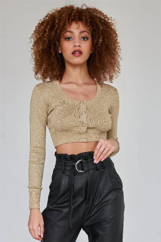 Metallic Gold Long Sleeve Crop Cardigan Knit Top