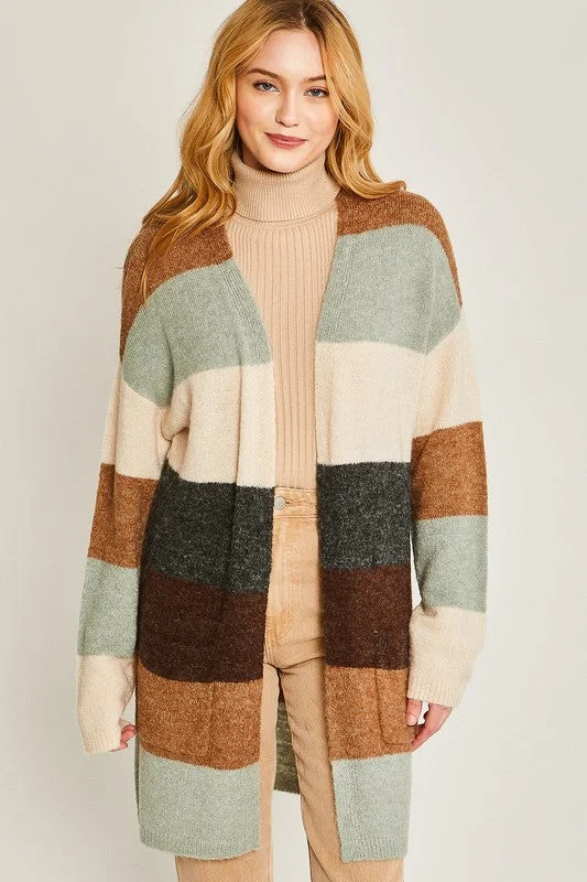 Green Multi Striped Sweater Cardigan