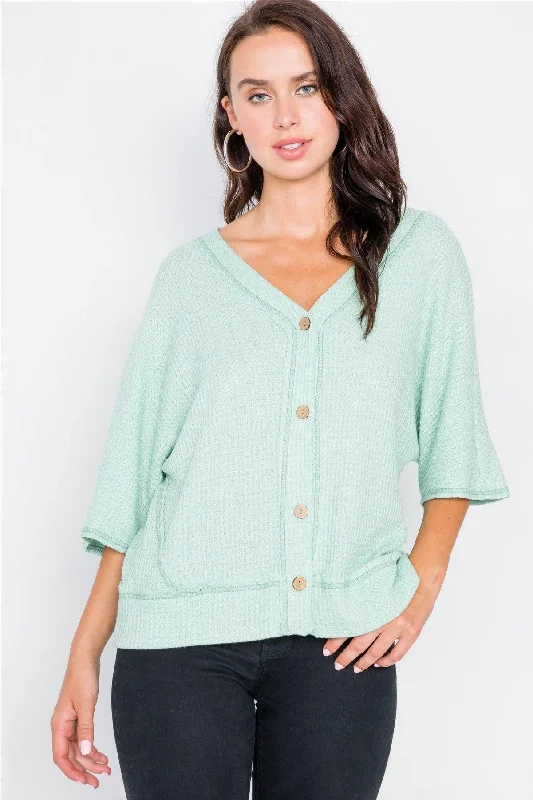 3/4 Sleeve Textured V-Neck Cardigan Kimono Top