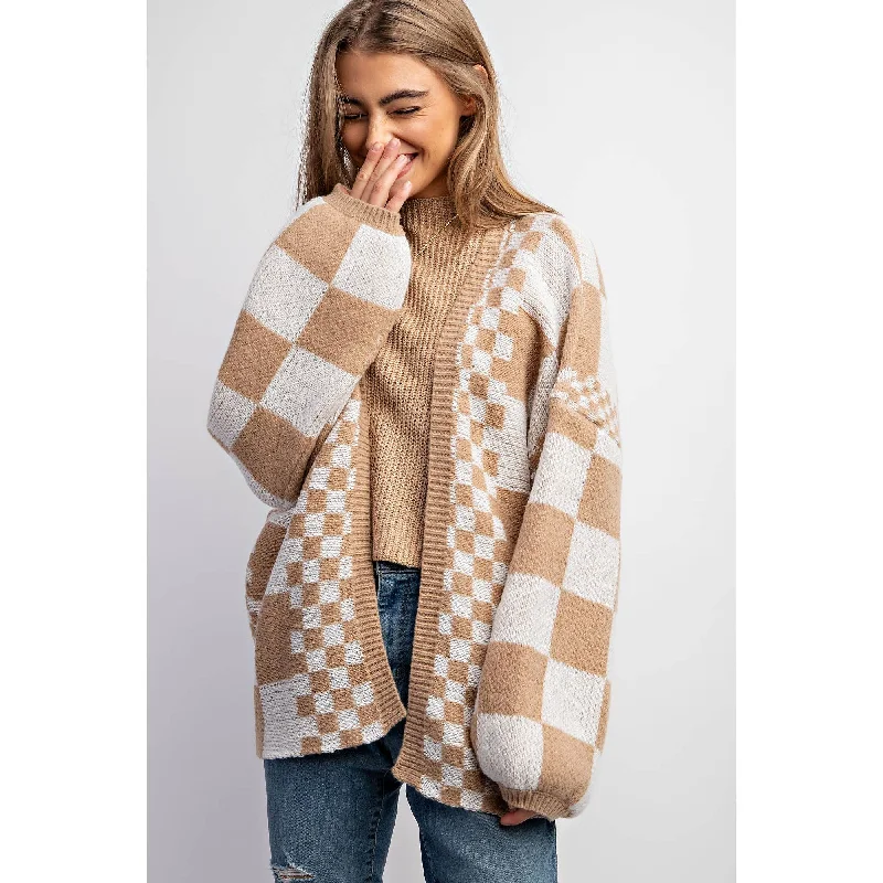 Mixed Checker Knit Drop Shoulder Cardigan