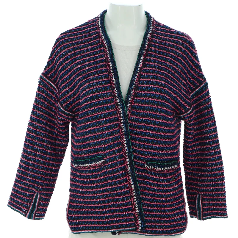 Women's Knitted Striped Metallic Open V-Neck Cardigan Cotton and Viscose Blend