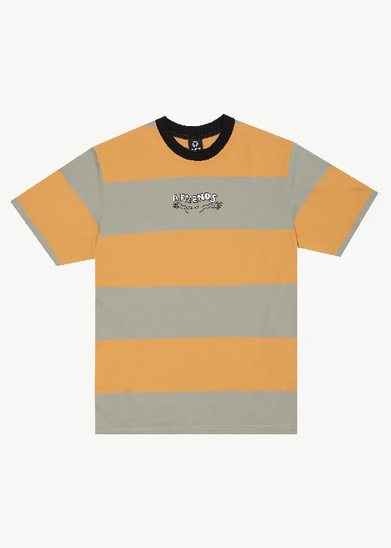 AFENDS Mens Space - Stripes Retro Logo T-Shirt - Mustard Stripe