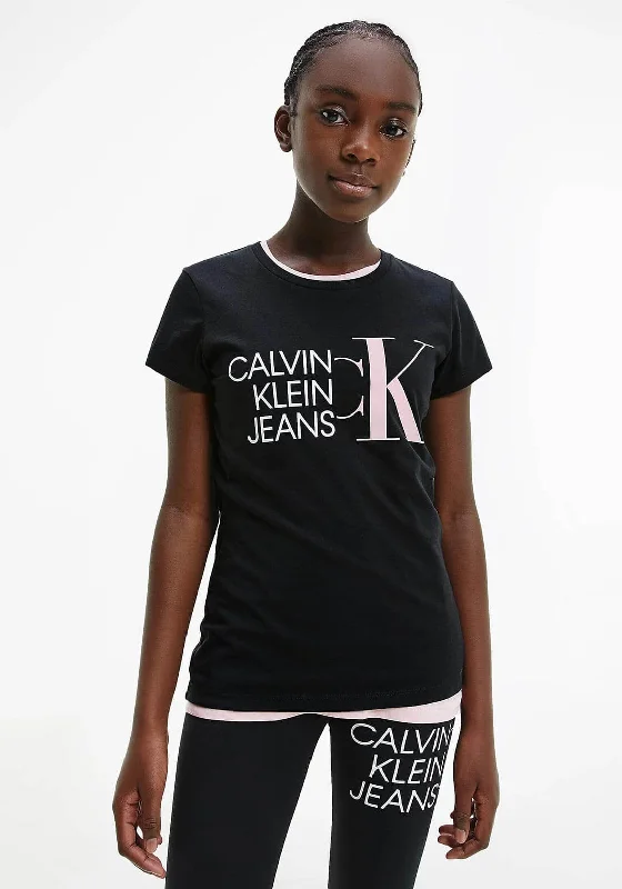 Calvin Klein Girls Hybrid Logo Slim T-Shirt, Black