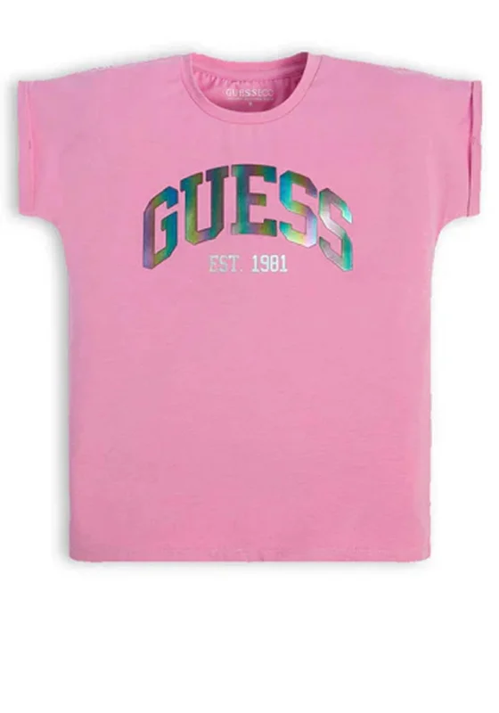 Guess Girls Iridescent Logo T-Shirt, Pink