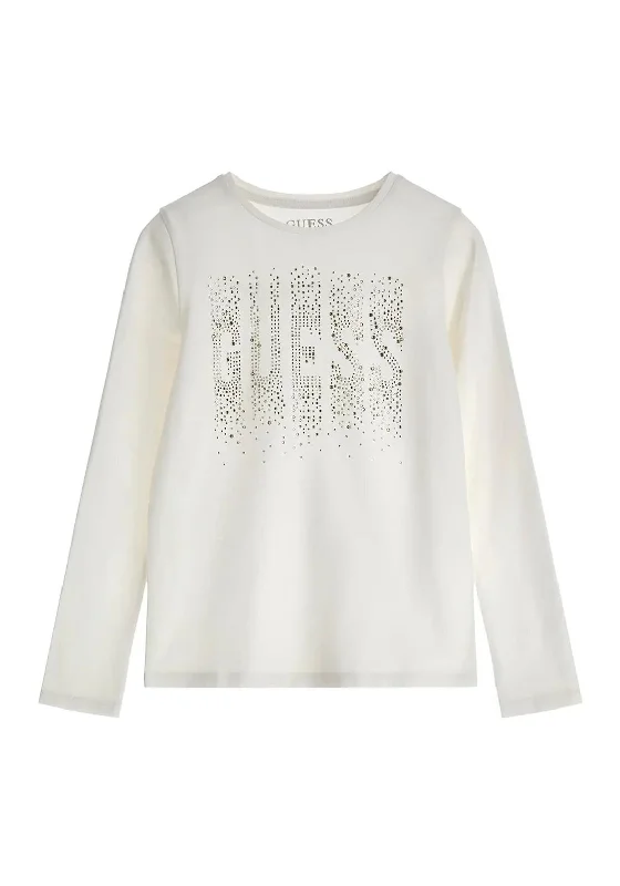 Guess Older Girls Rhinestone Long Sleeve T-Shirt, Off White