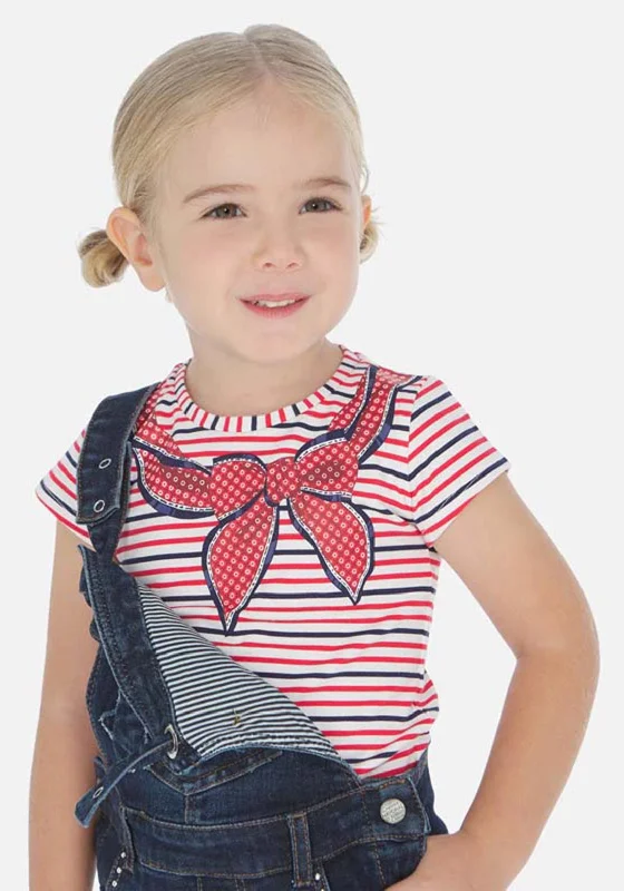 Mayoral Girls Striped Bow Print T-Shirt, Red