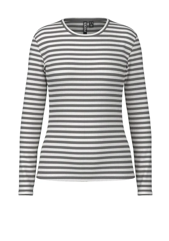 Pieces Ruka Striped Ribbed T-Shirt, Grey