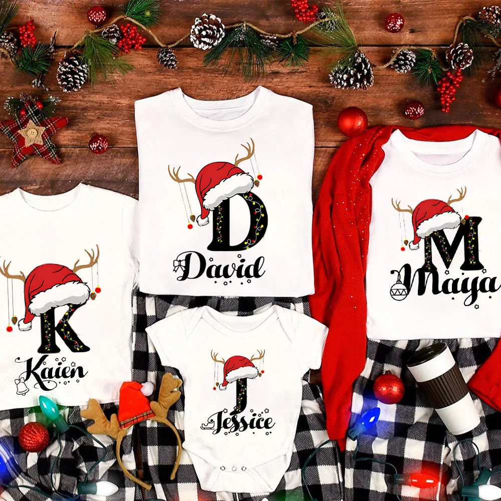 Personalized Christmas Family Matching Clothes Initial with Name T-shirt