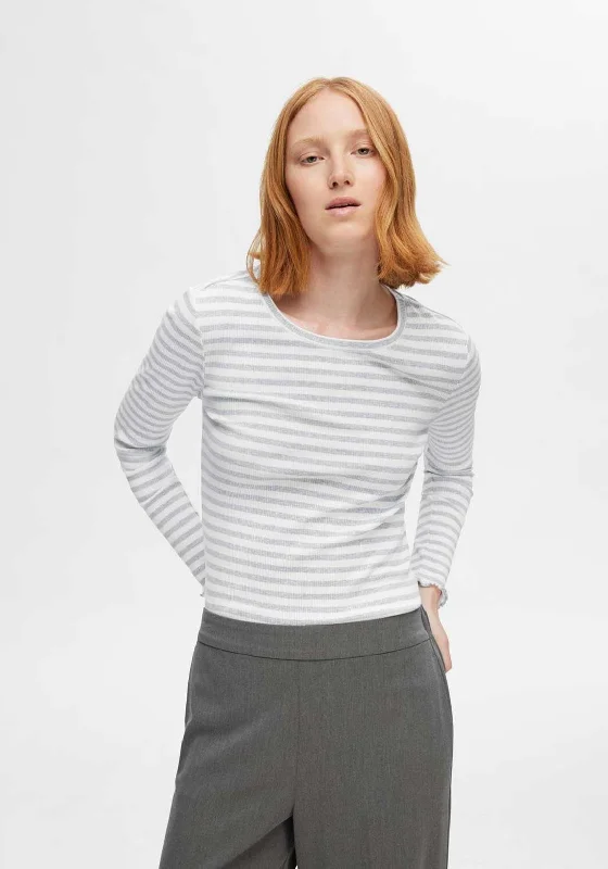 Selected Femme Anna Crew Neck Stripe T-Shirt, Light Grey Melange