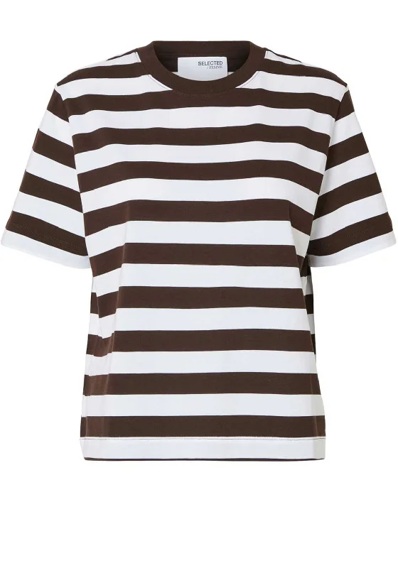 Selected Femme Essential Striped Boxy T-Shirt, Coffee Bean